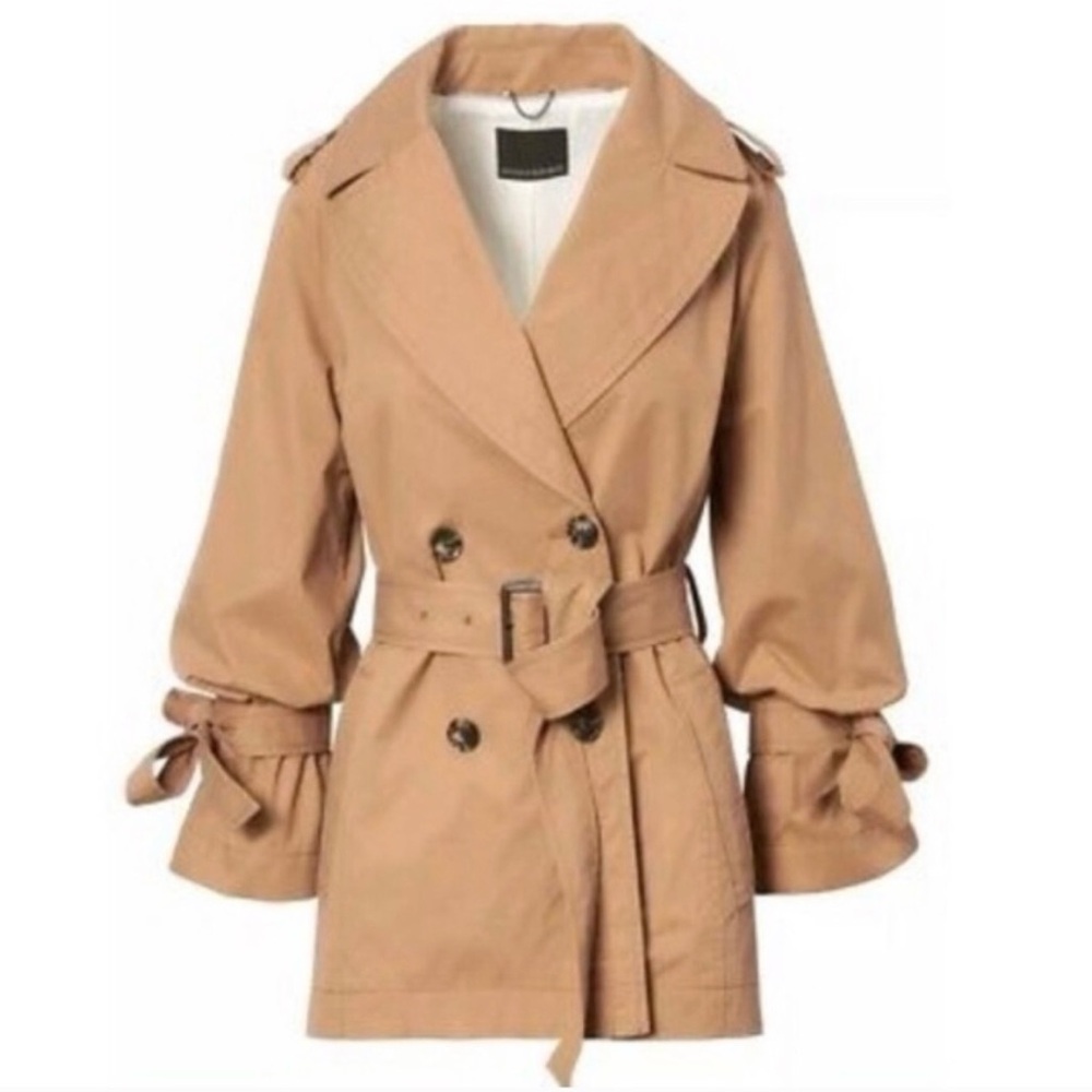 Banana Republic Limonta Trench Coat Jacket Modern Bow Tie Sleeve Tan XS - Picture 2 of 13